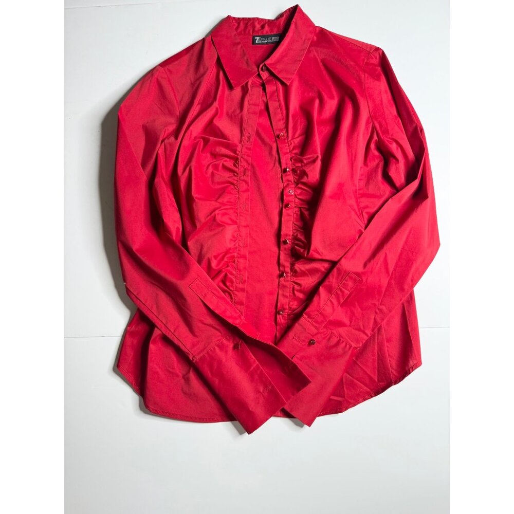 7th Avenue Design Studio New York & Company Red Button-Up Shirt With Ruched Fron